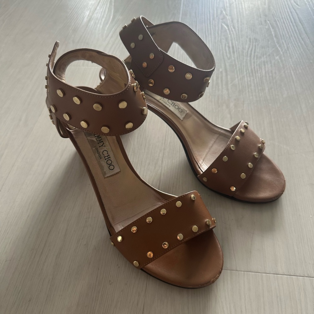 Jimmy Choo Tan Gold Studded Sandals